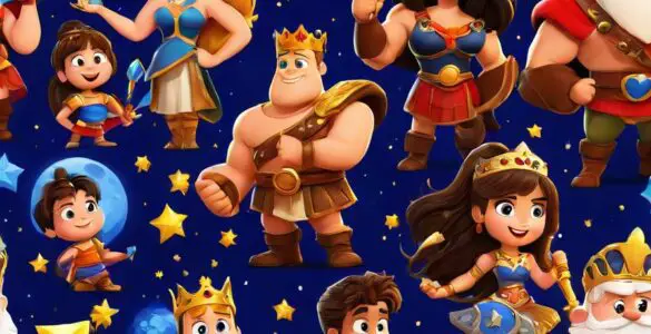 Heroes with treasure, celebrated by kingdom, king and queen, grand celebration, Hercules and Xena under stars, content.