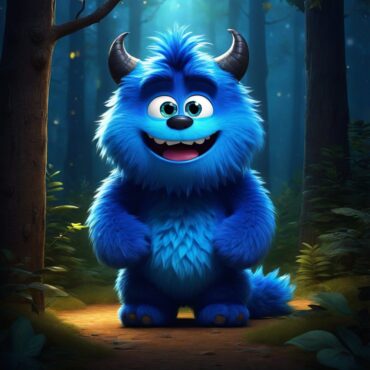 big, furry monster, bright blue fur, kind eyes, deep dark forest, lonely, wishing for friends