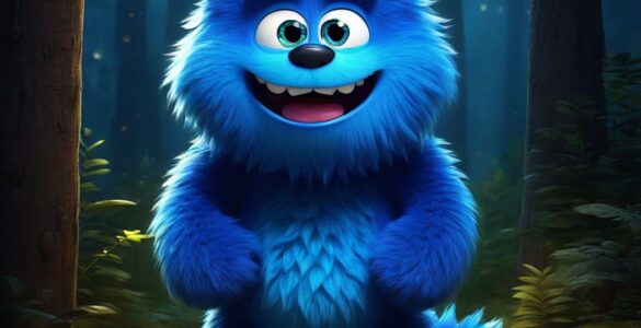 big, furry monster, bright blue fur, kind eyes, deep dark forest, lonely, wishing for friends